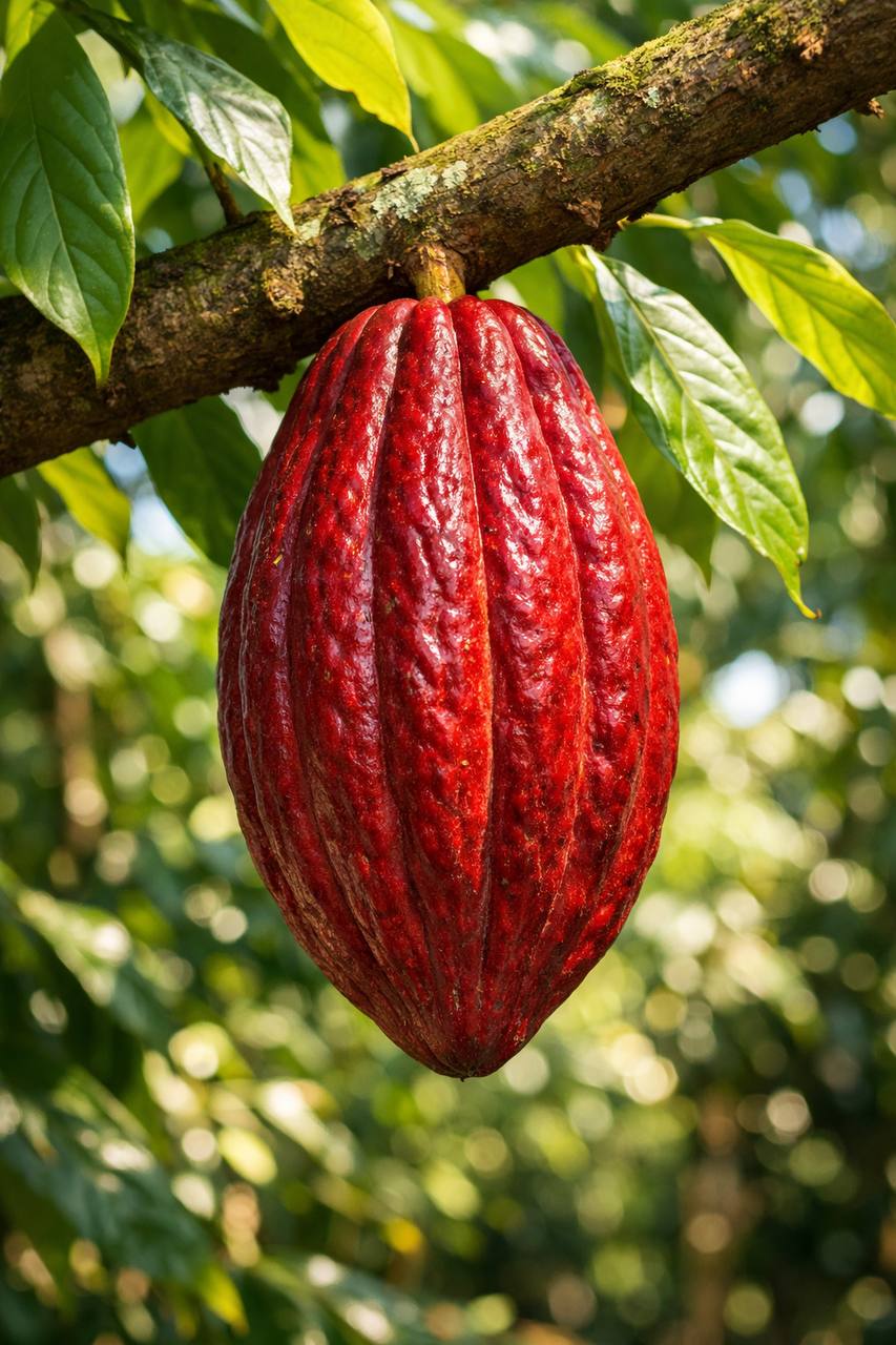 Fresh cocoa plant sprout with morning dew